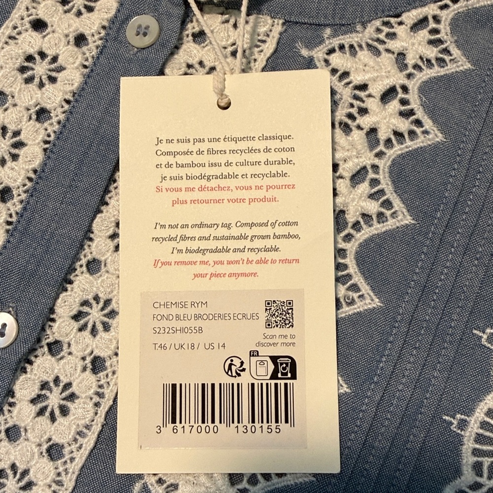 Sezane Rym Shirt Blue/ Ecru Embroidery - Size 14 - Picture 5 of 5